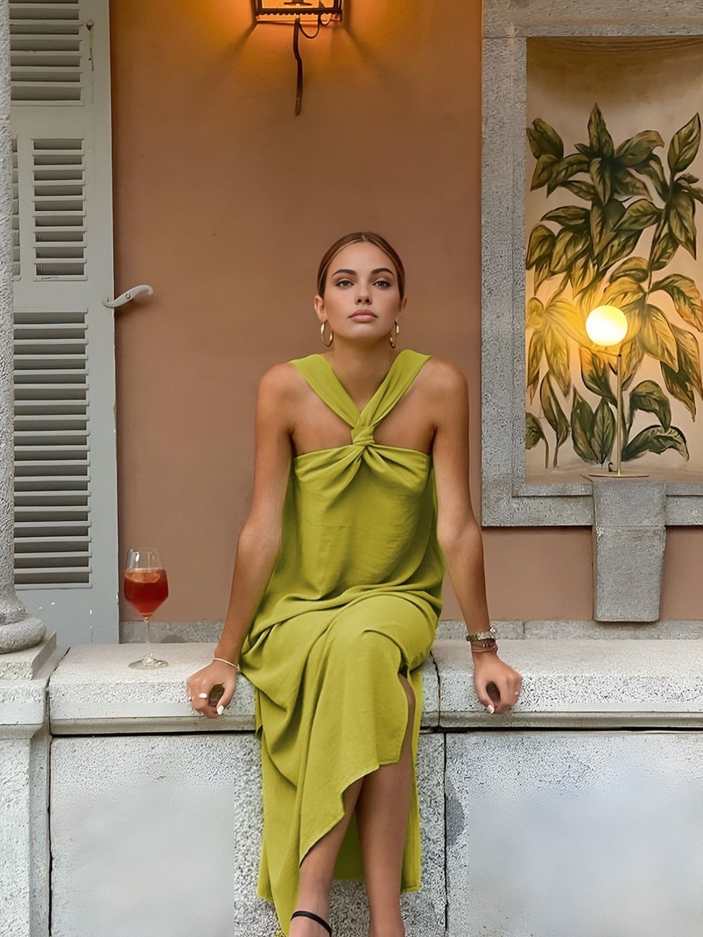 Commense Cross Halter Split Long Dress